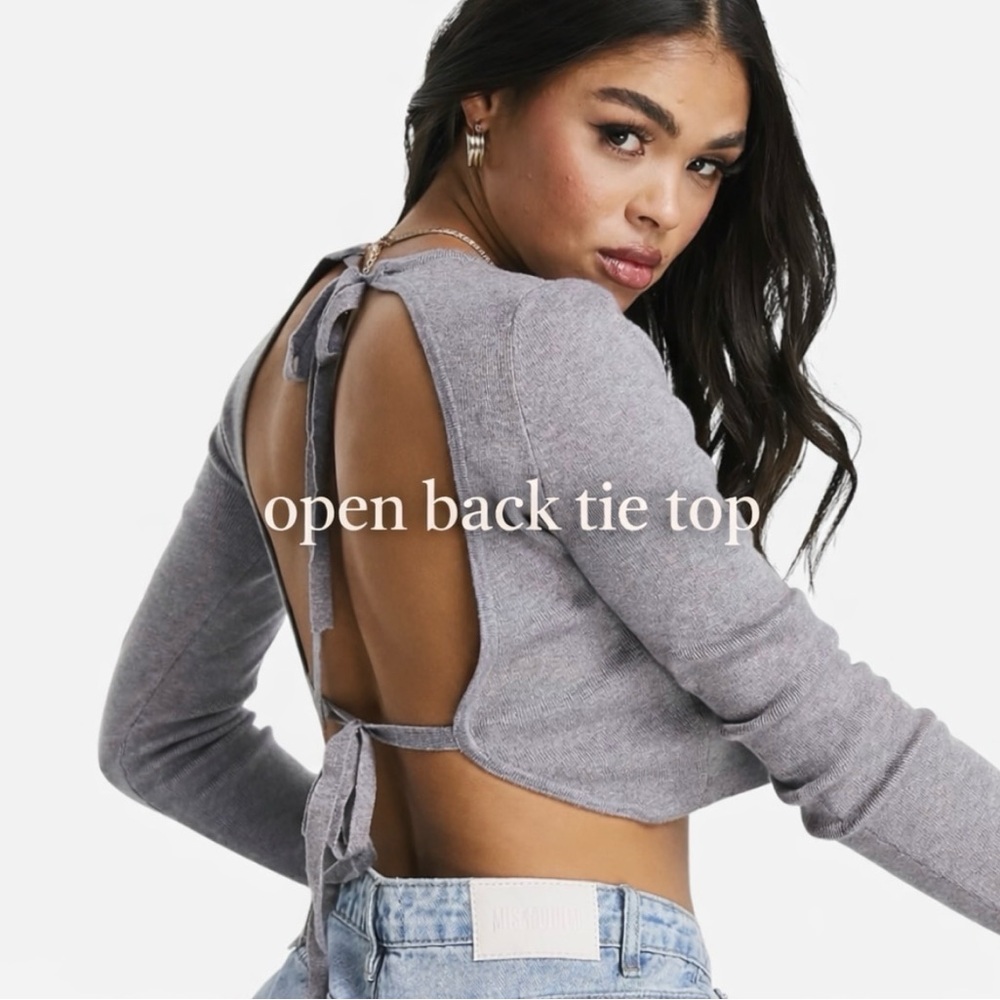 4th & Reckless Open Back Tie Crop Top Gray Knit Long Sleeve L